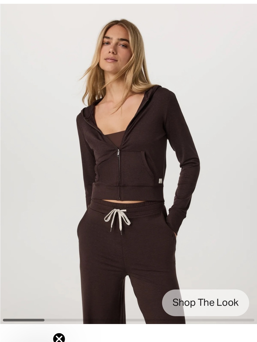 Vuori Cropped Zip Hoodie in Dark Brown